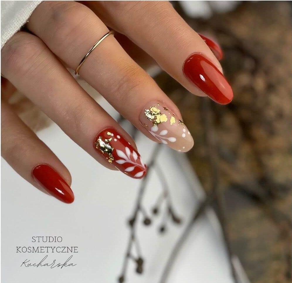 Red Gold Leafy Nail Art Design