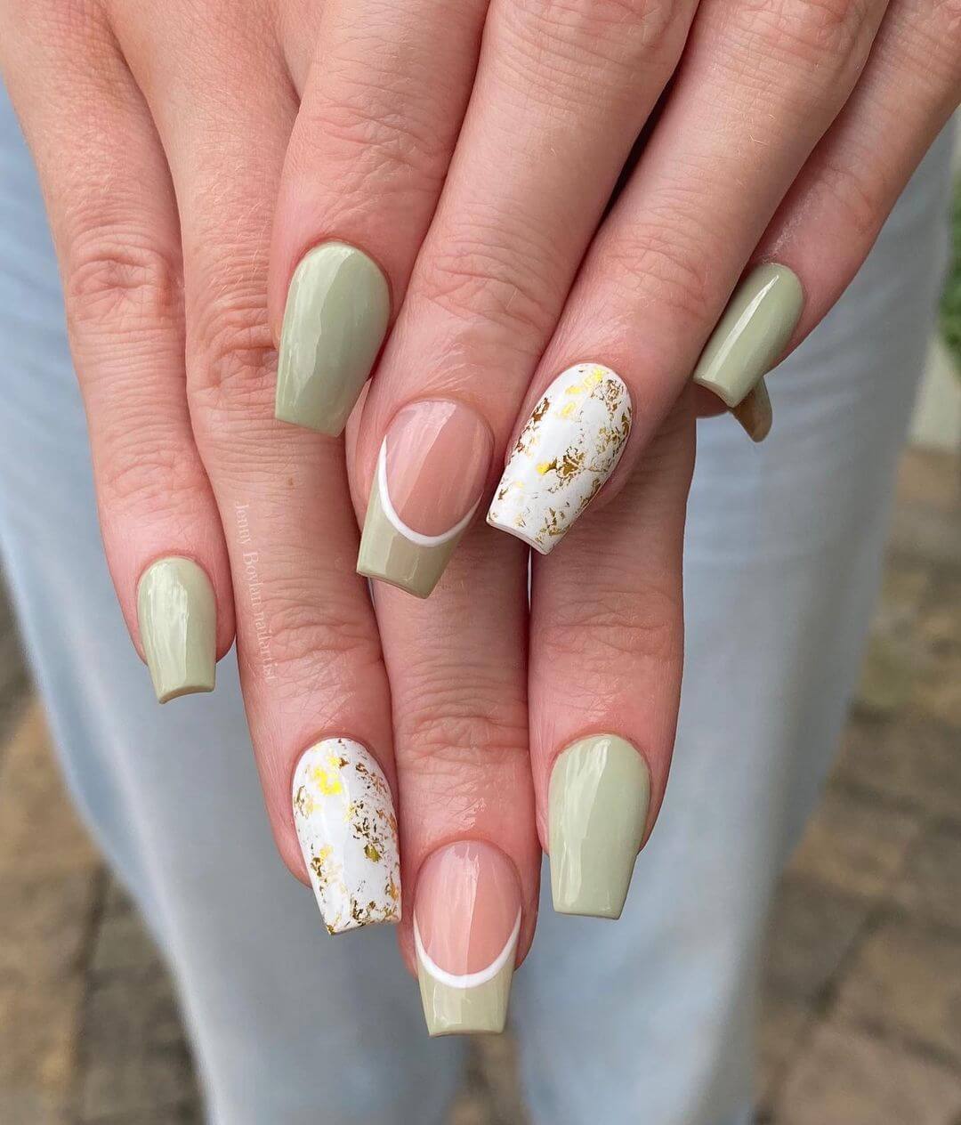 Pastel Green and White Gold Nails