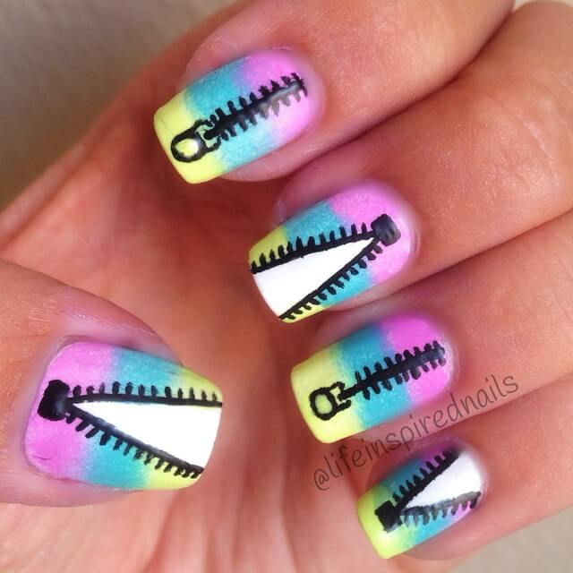 Jeans and Zipper Nail Art Multicolored Nails