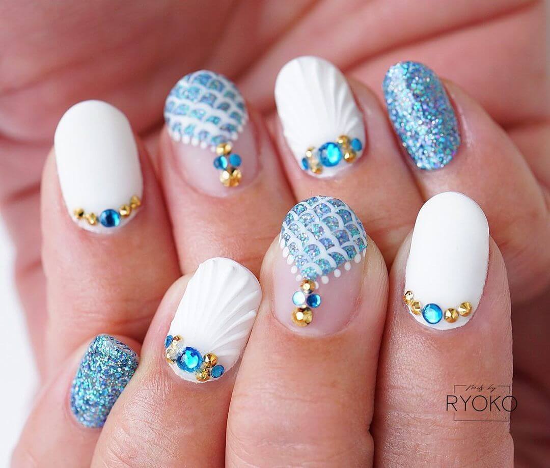 Mermaid Nail Art Designs Holo Glitter And Seashell Mermaid Nails