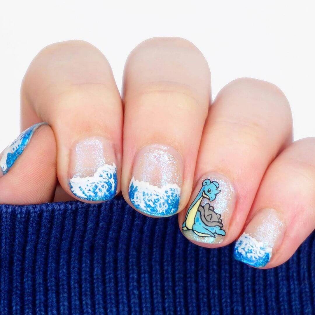 Pikachu And Pokemon Nail Art Designs With a shimmery theme, this lapras nailart looks exceptional