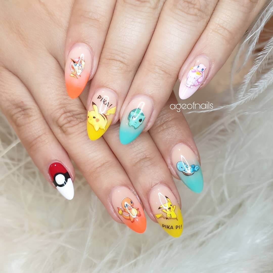 Pikachu And Pokemon Nail Art Designs This lovely nailart with characters of pokemon looks gorgeous