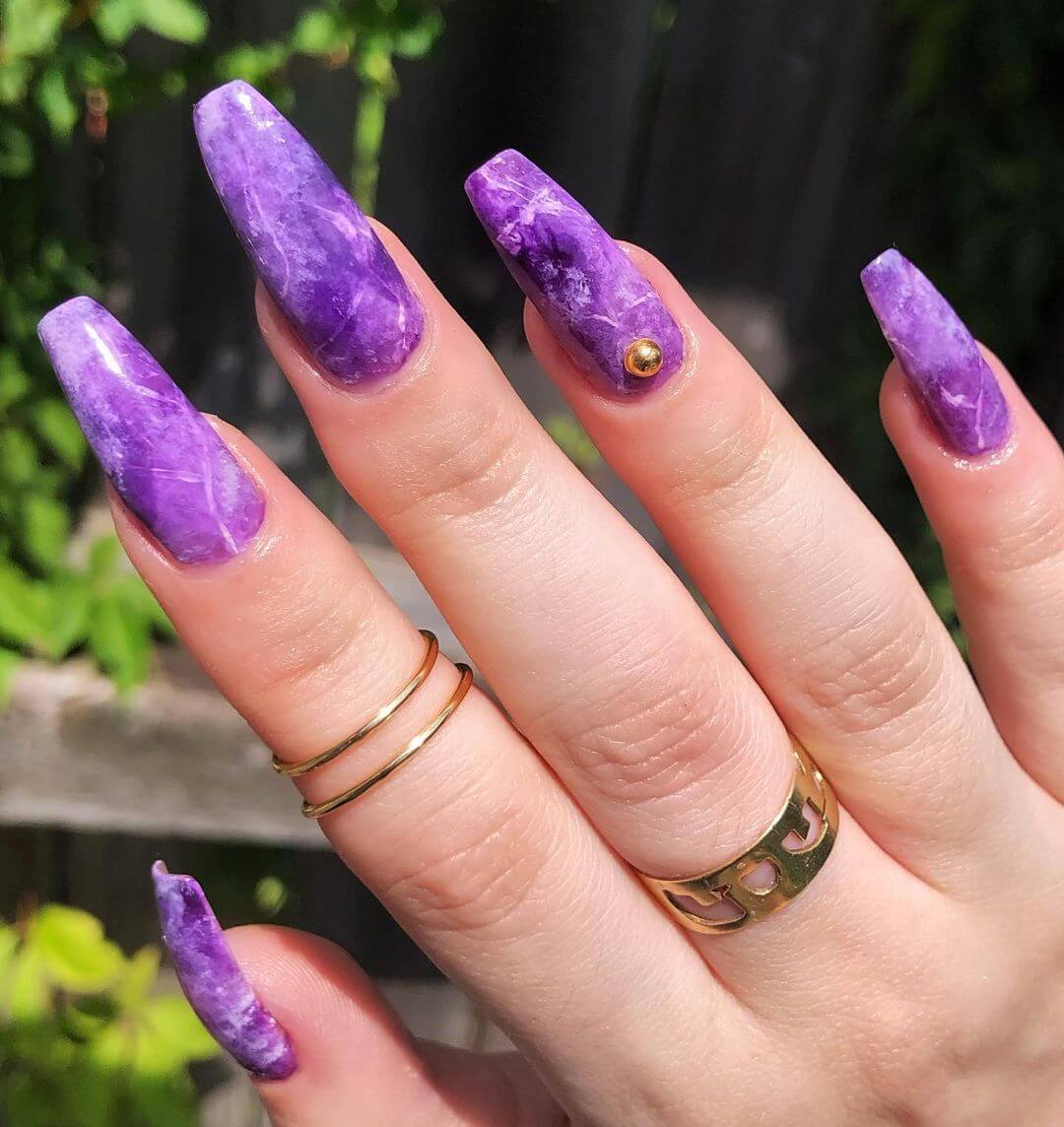 Purple Gemstone Layered Nails With A Golden Dot!