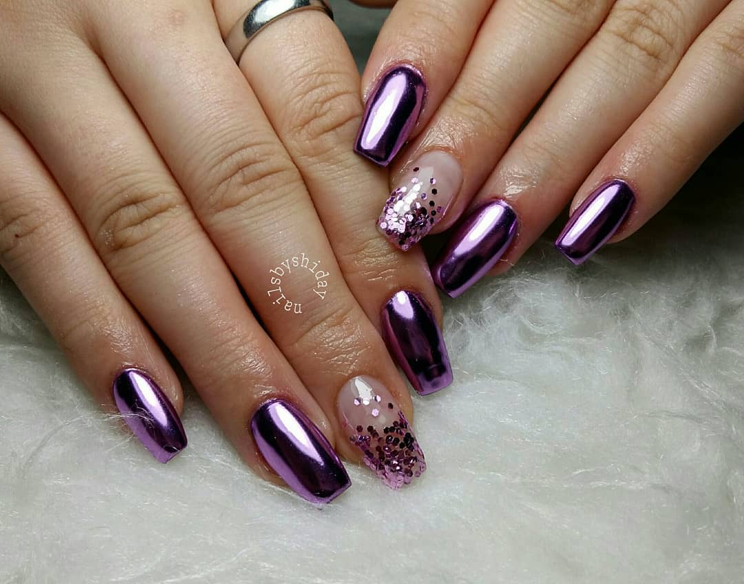 Gorgeous Purple Chrome Nails With And Added Shimmery Twist!
