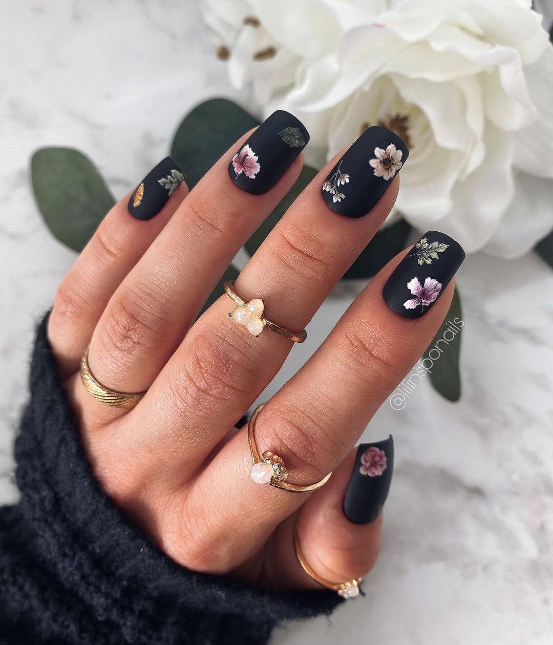 The Matte Black Floral Nails