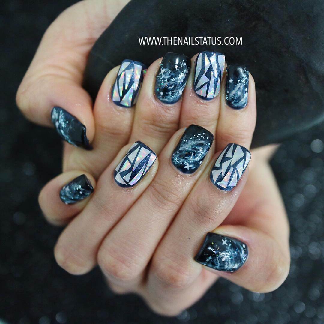 Shellac Nail Art Designs Galaxy blue and Ice blue