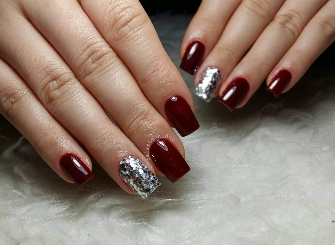 Blood red silver nail art