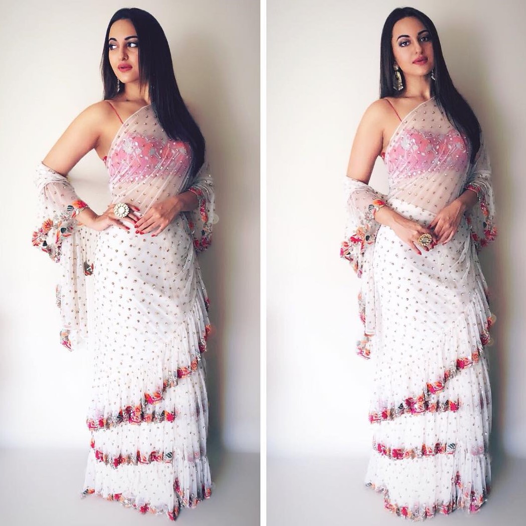 Sharara Saree In White With Sleeveless Blouse Sonakshi Sinha's Dresses, Lehenga, Jewellery & More