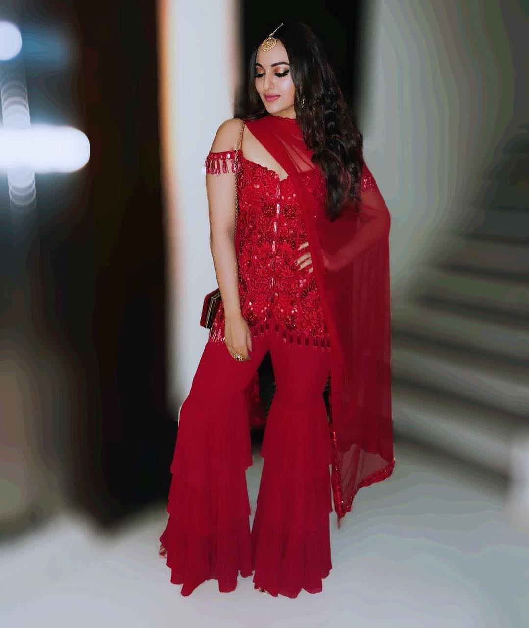 Sleeveless Sharara Suit In Red Sonakshi Sinha's Dresses, Sarees, Lehenga, Jewellery & More