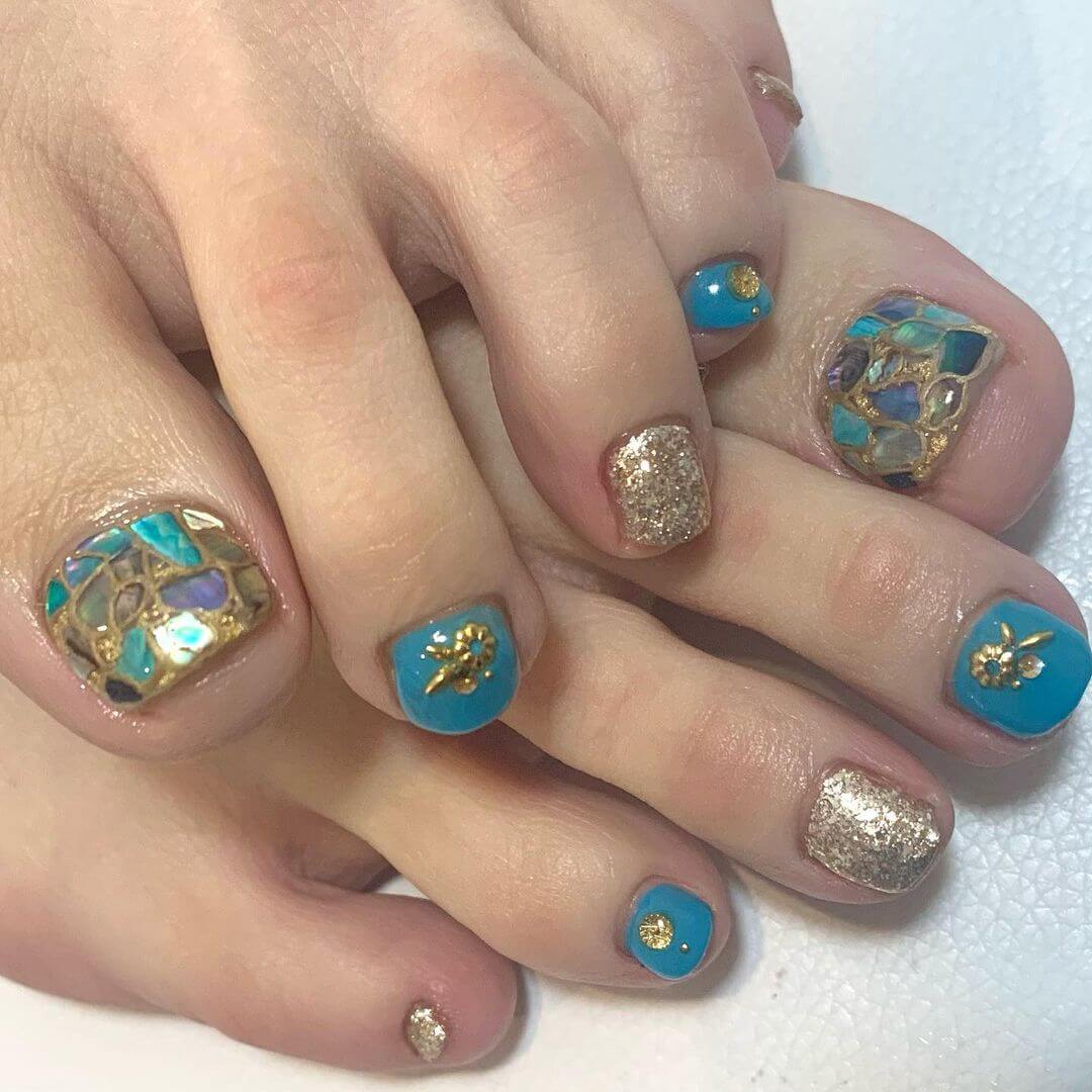 Blue And Gold Floating Glass Toe Nail Art