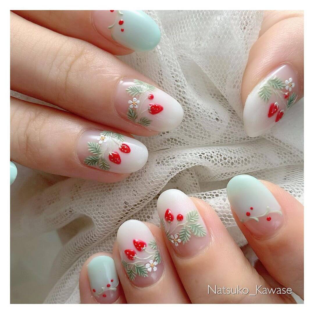 Strawberry Nail Flowering Fruiting Strawberries Over Pastel Nail Art Design