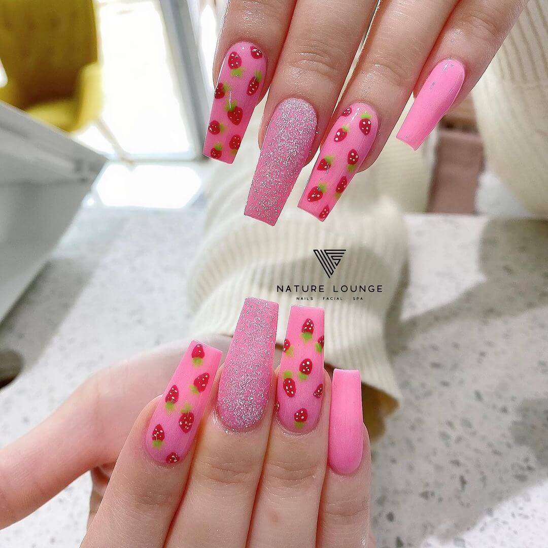 Glossy Pink Strawberry Nail Art Design