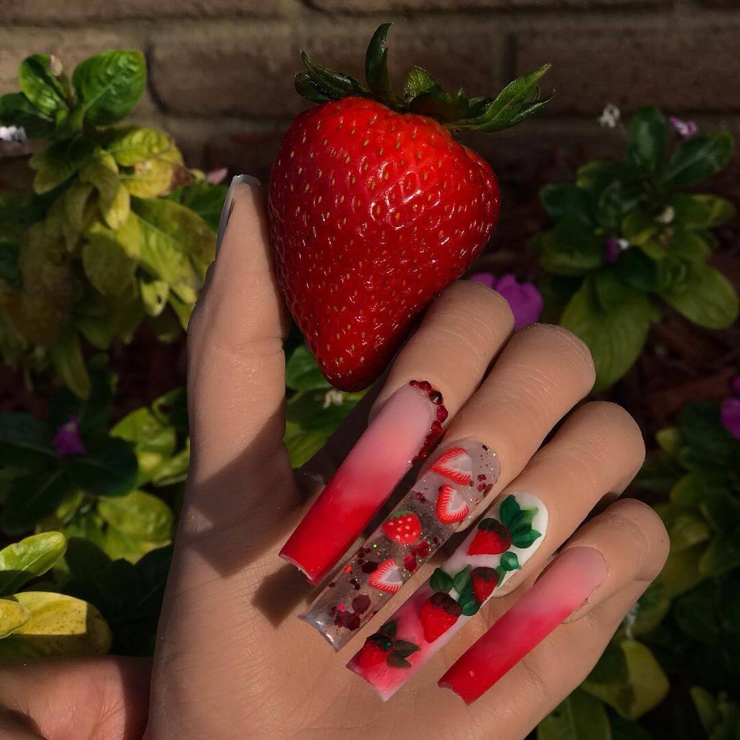 Embellished Strawberry Nail Art Design