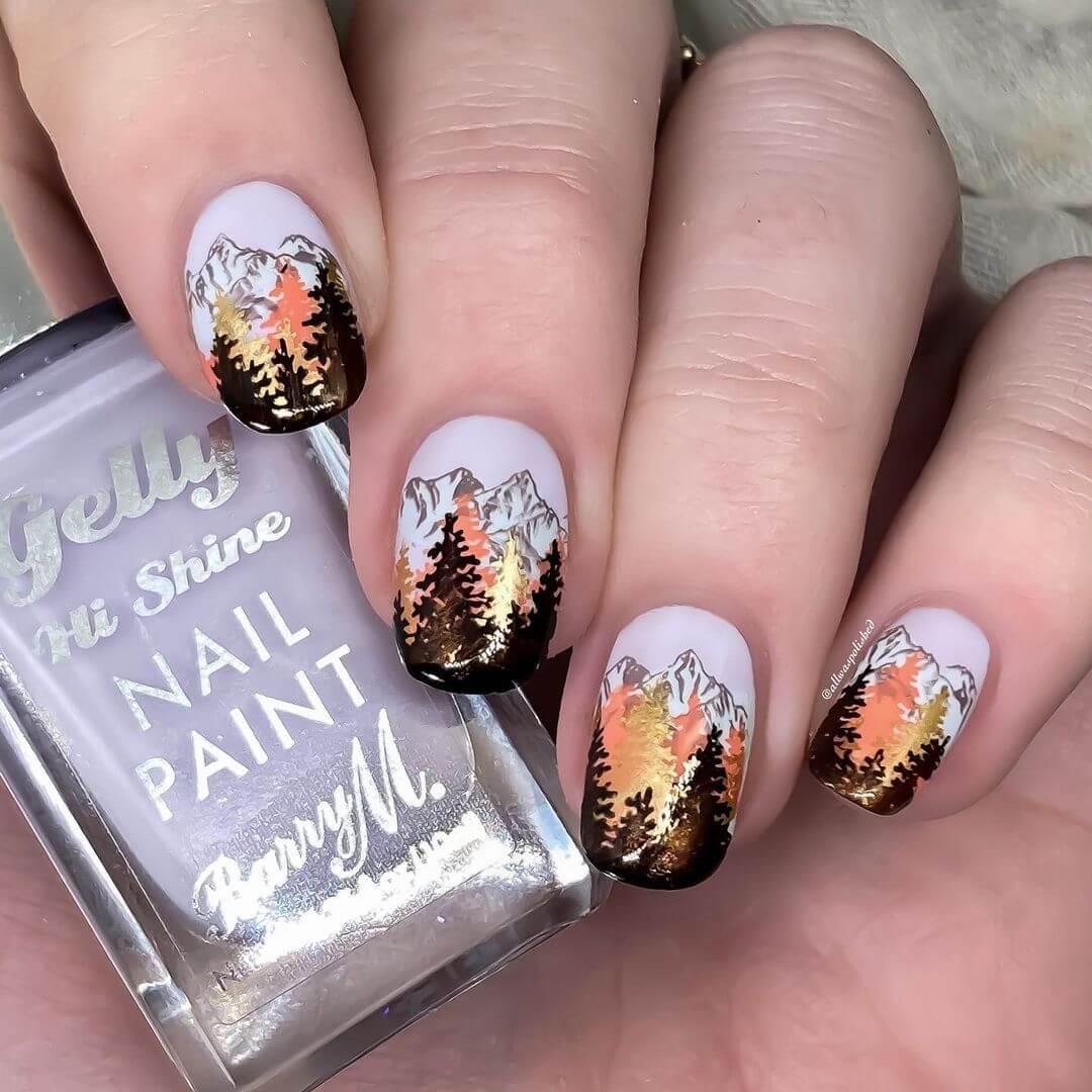 Winter Nail Art Snow covered mountains and pine trees