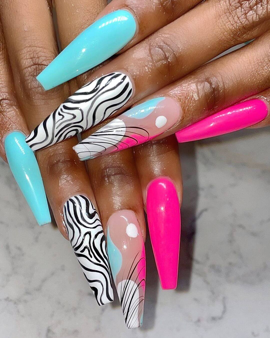 Zebra Nail Art Design Zebra inspired nail art with pink and blue