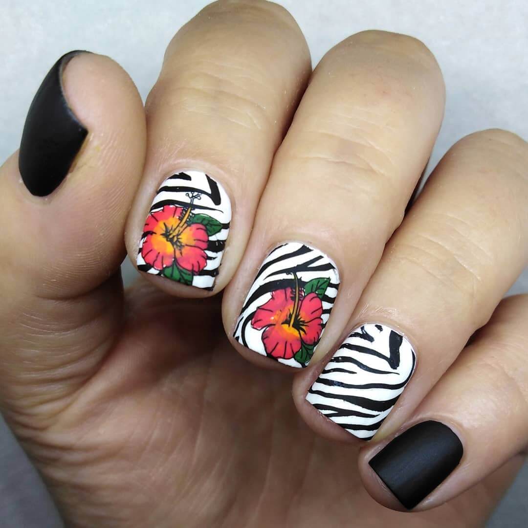 Zebra Nail Art Design Flower themed zebra nail art