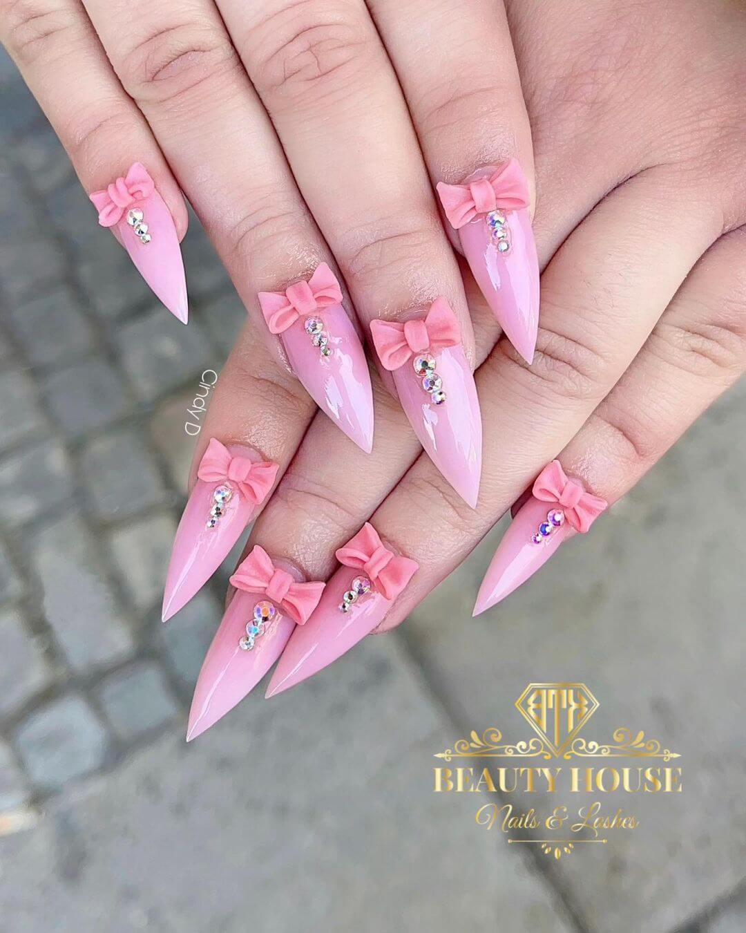 Pink Nails With 3D Bow Tie