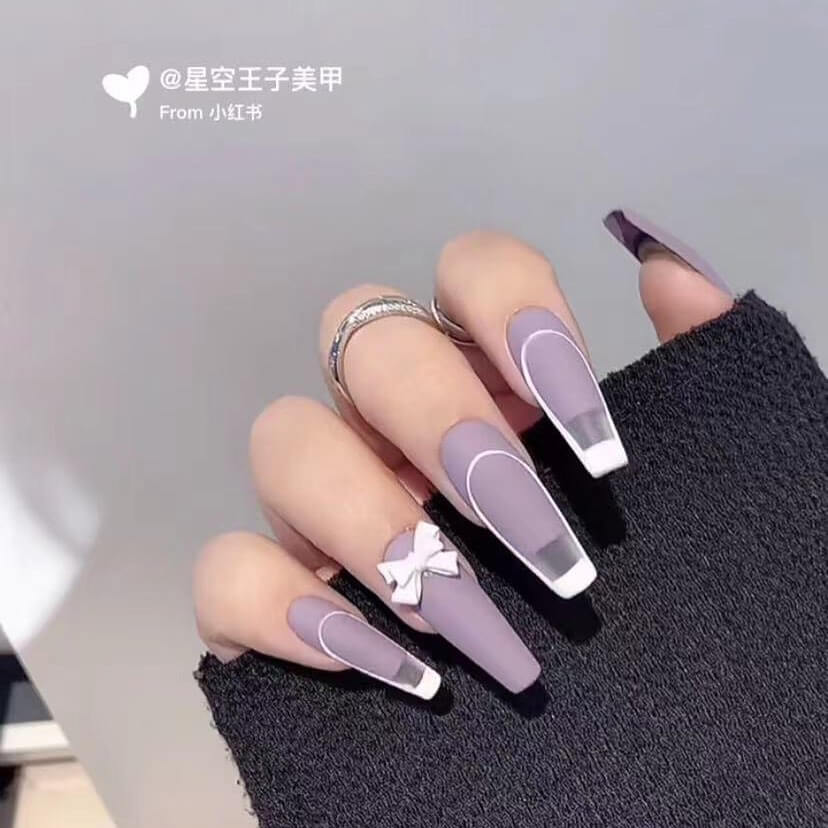 Simple Purple and White Bow Tie Nails
