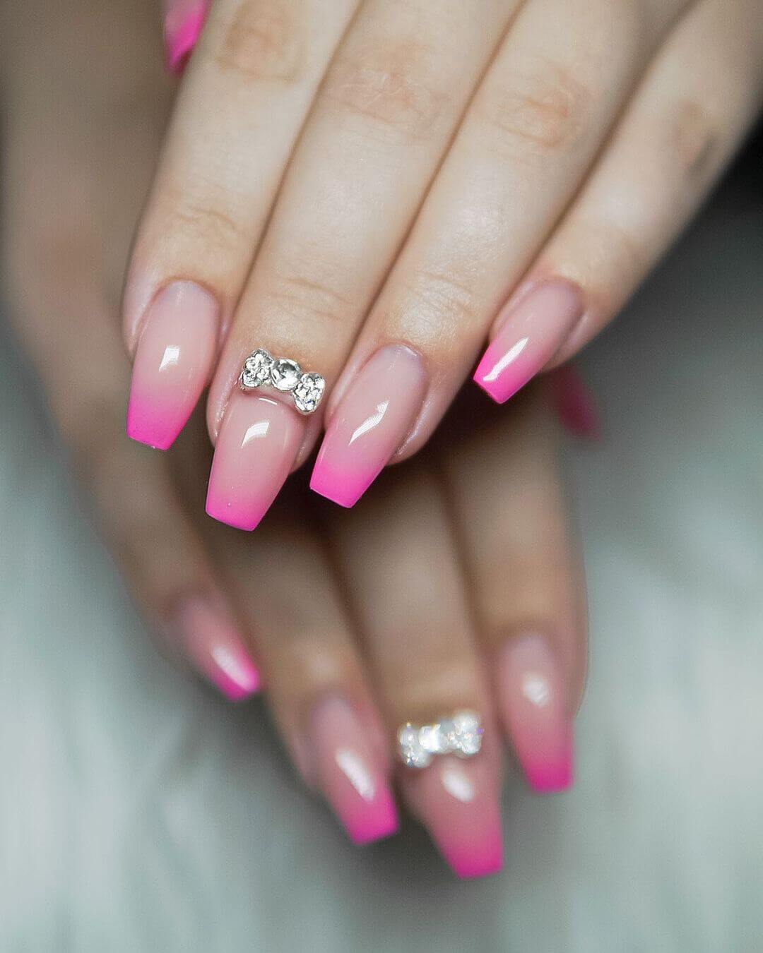 Ombre Pink Rhinestones Bow Tie Nails