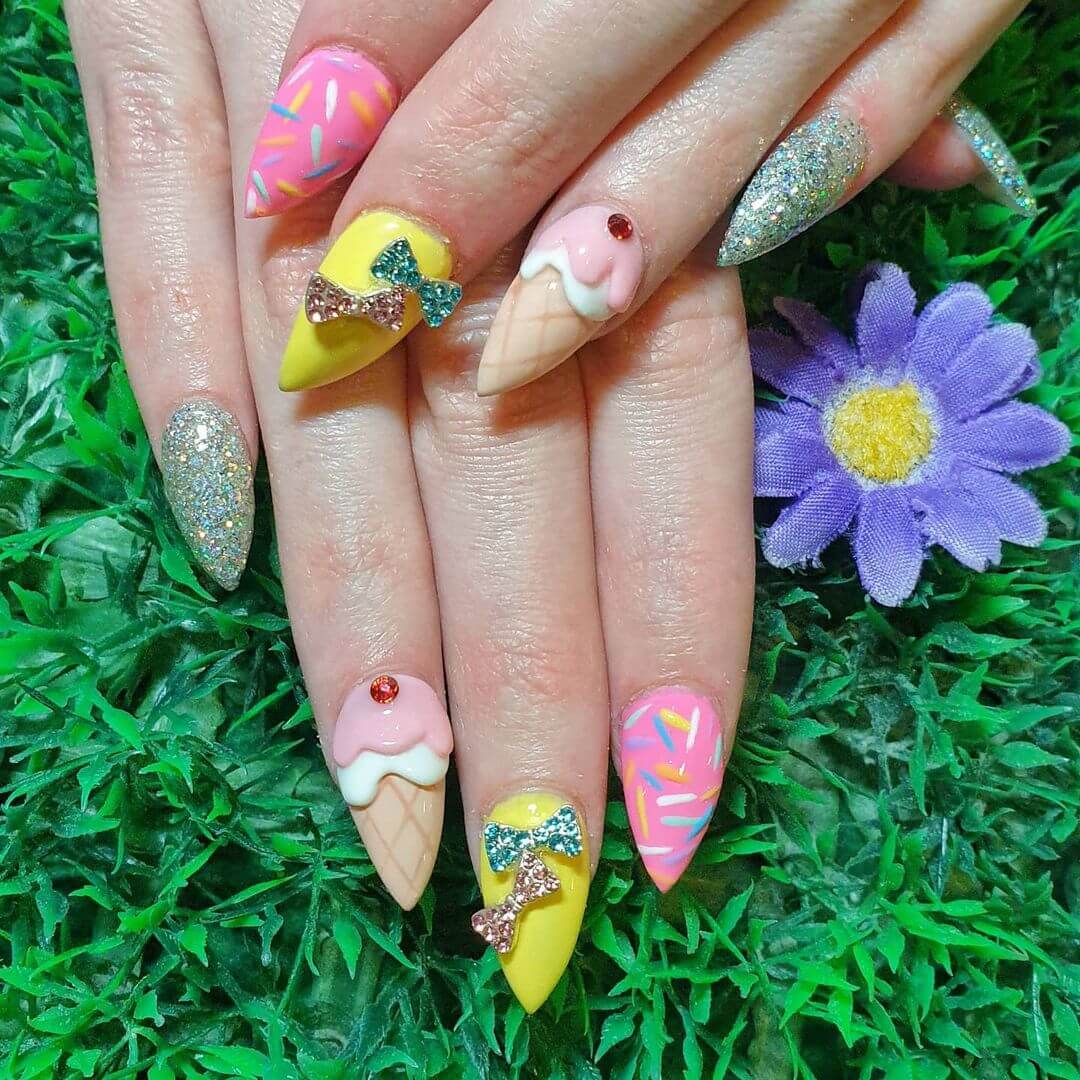 Bow Tie Nail Art Designs Bling Bow Nails With Icecream, Springles and Holo Glitter