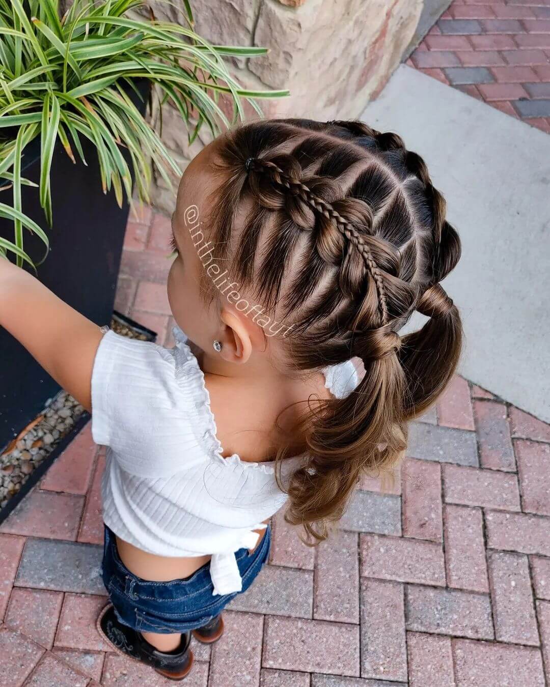 Braids for kids with long hair Inverted heart with thin braid ponytails for kids