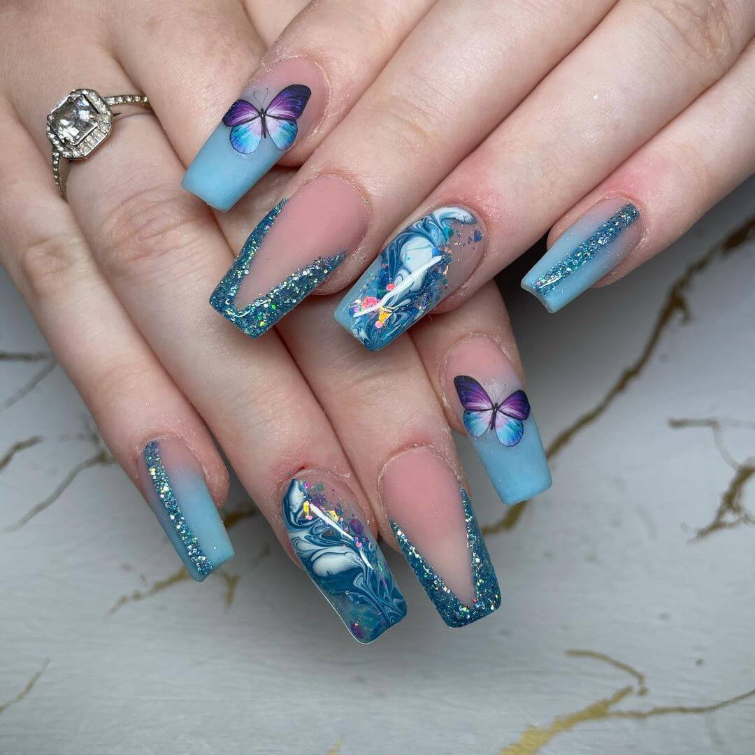 Cristal Nail Art Designs Marble And Butterfly Blue Nail Art