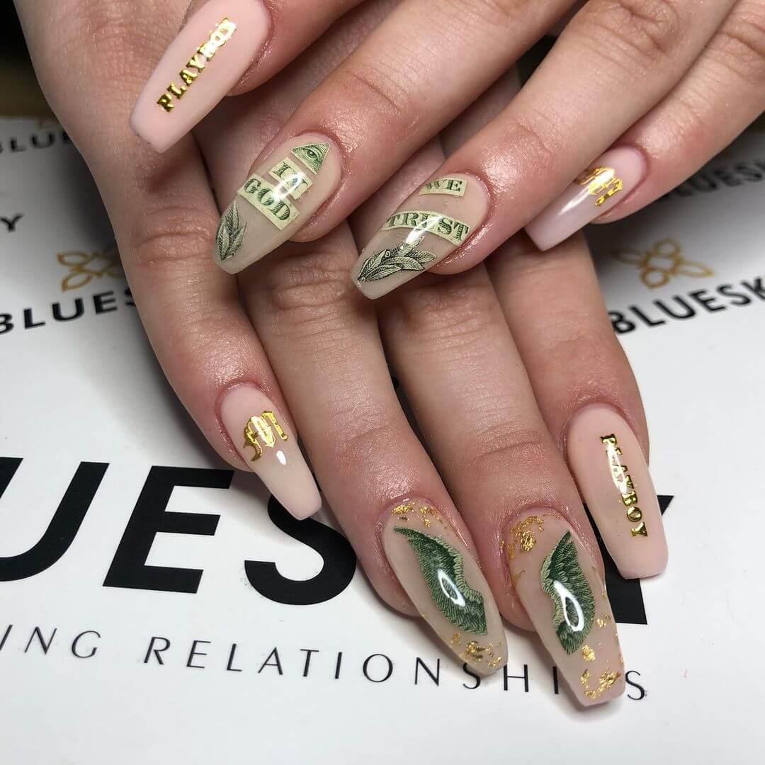 Dollar Nail Art Designs Letters in gold and dollars nail art design