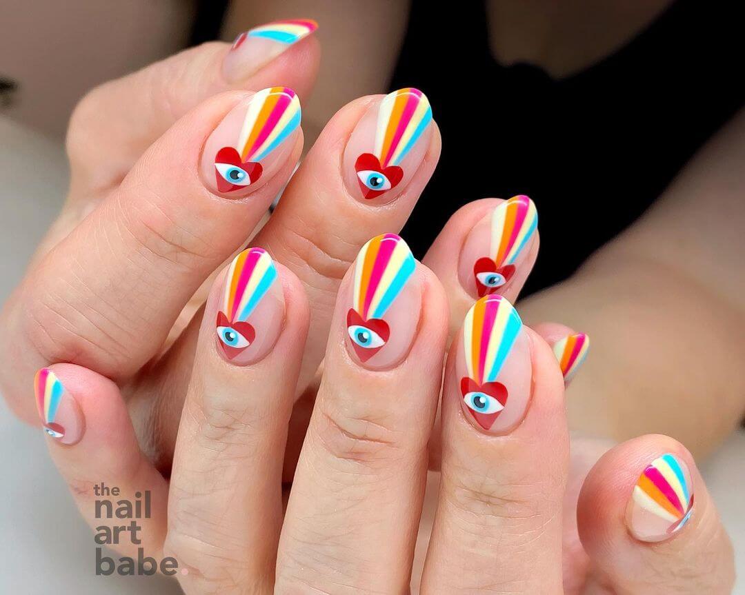 Rainbow Nails With Heart-Eye Illustration