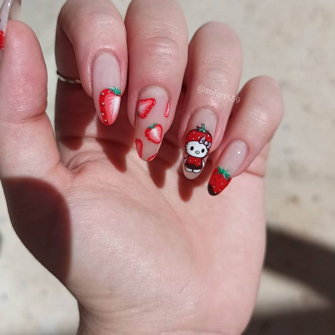 Another strawberry theme Hello Kitty nail art design