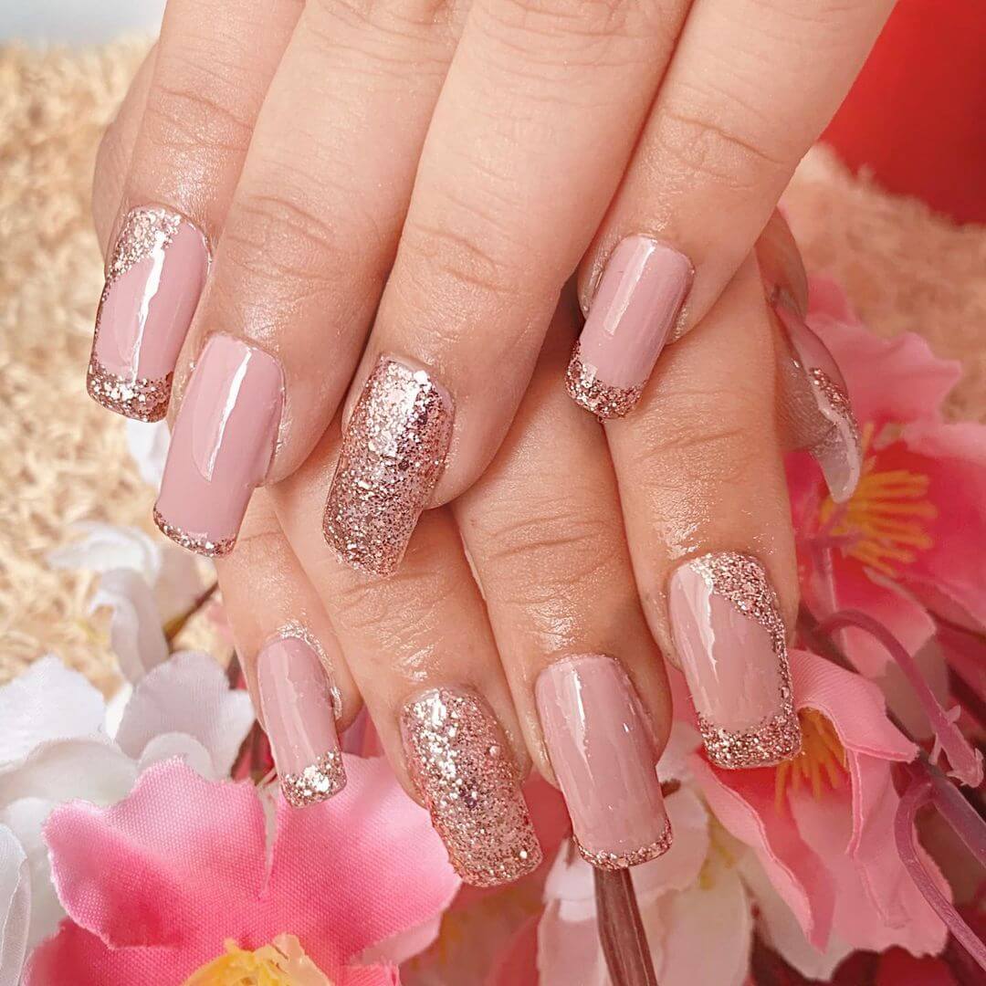 Nude Nails With Silver Glitter Wedding Nails