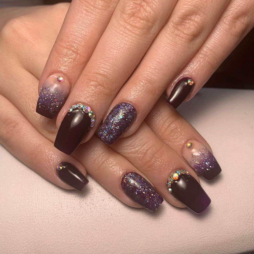 Dark Purple Glitter Nails For Brides