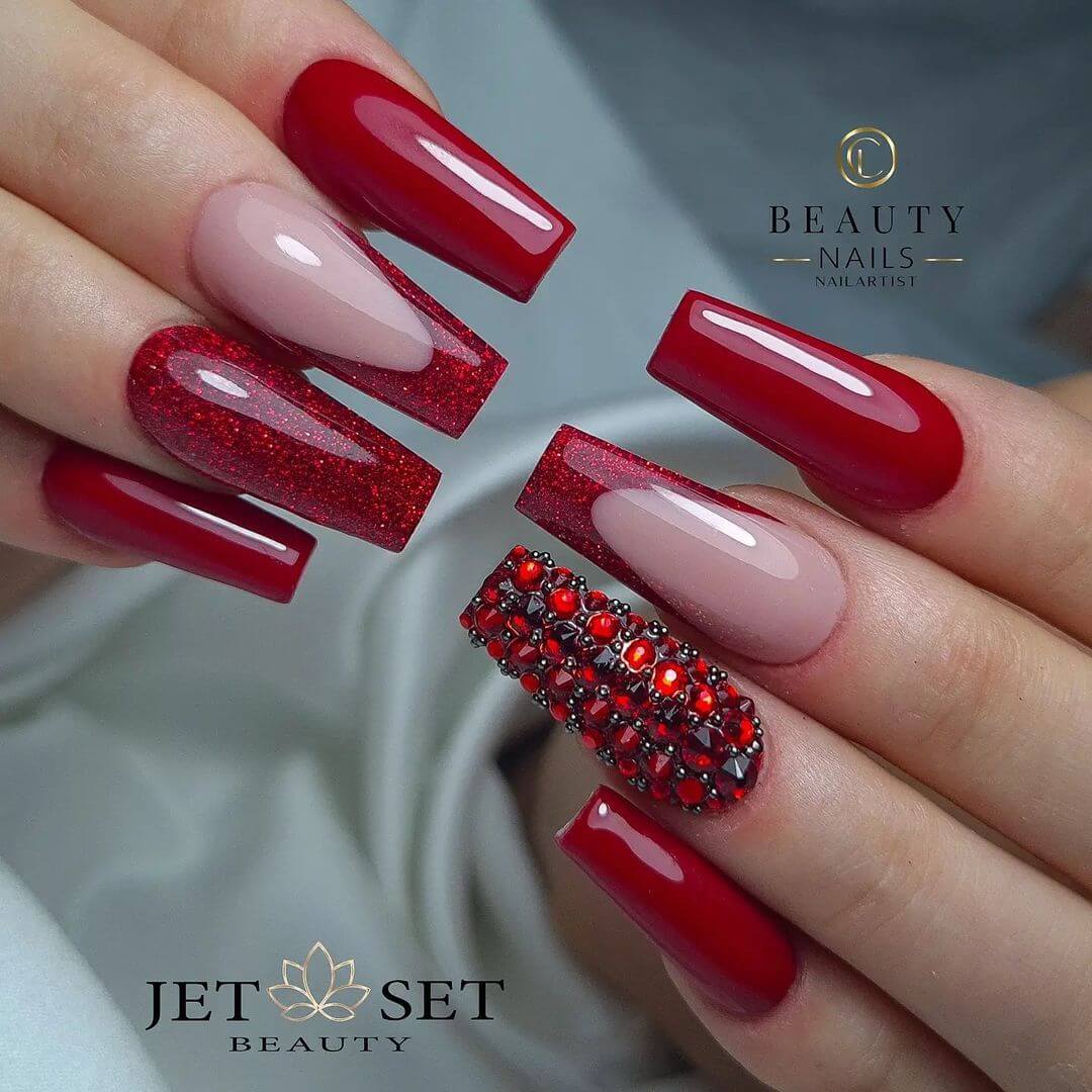 Red colour with vibrant nail art
