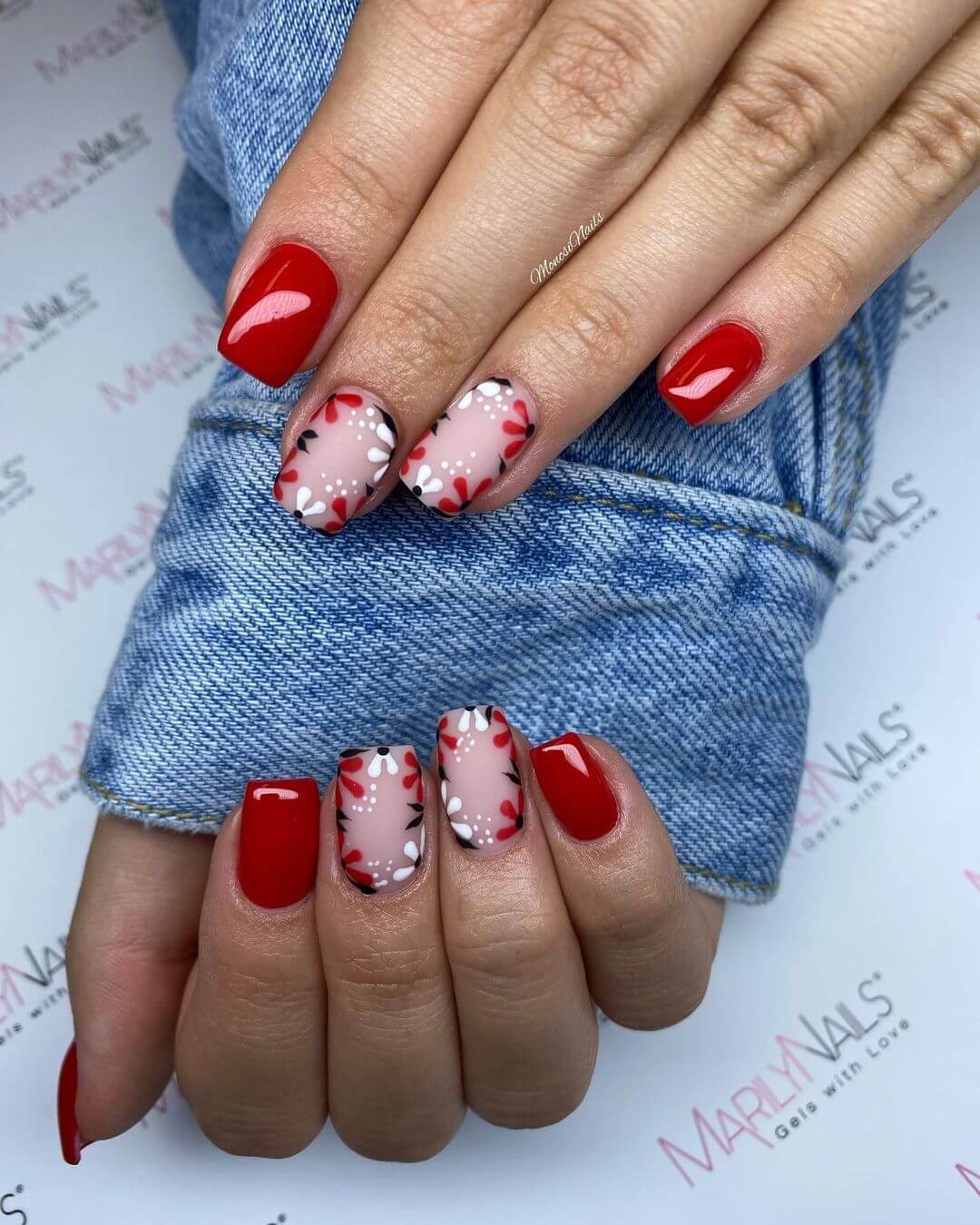 India Wedding Nail Art Designs Red with white and black combo