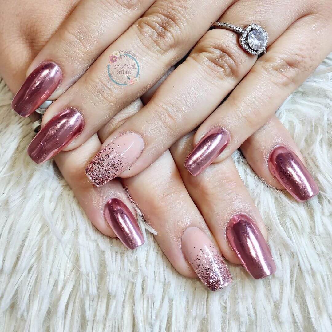 Metallic nail colour with sparkling nail art