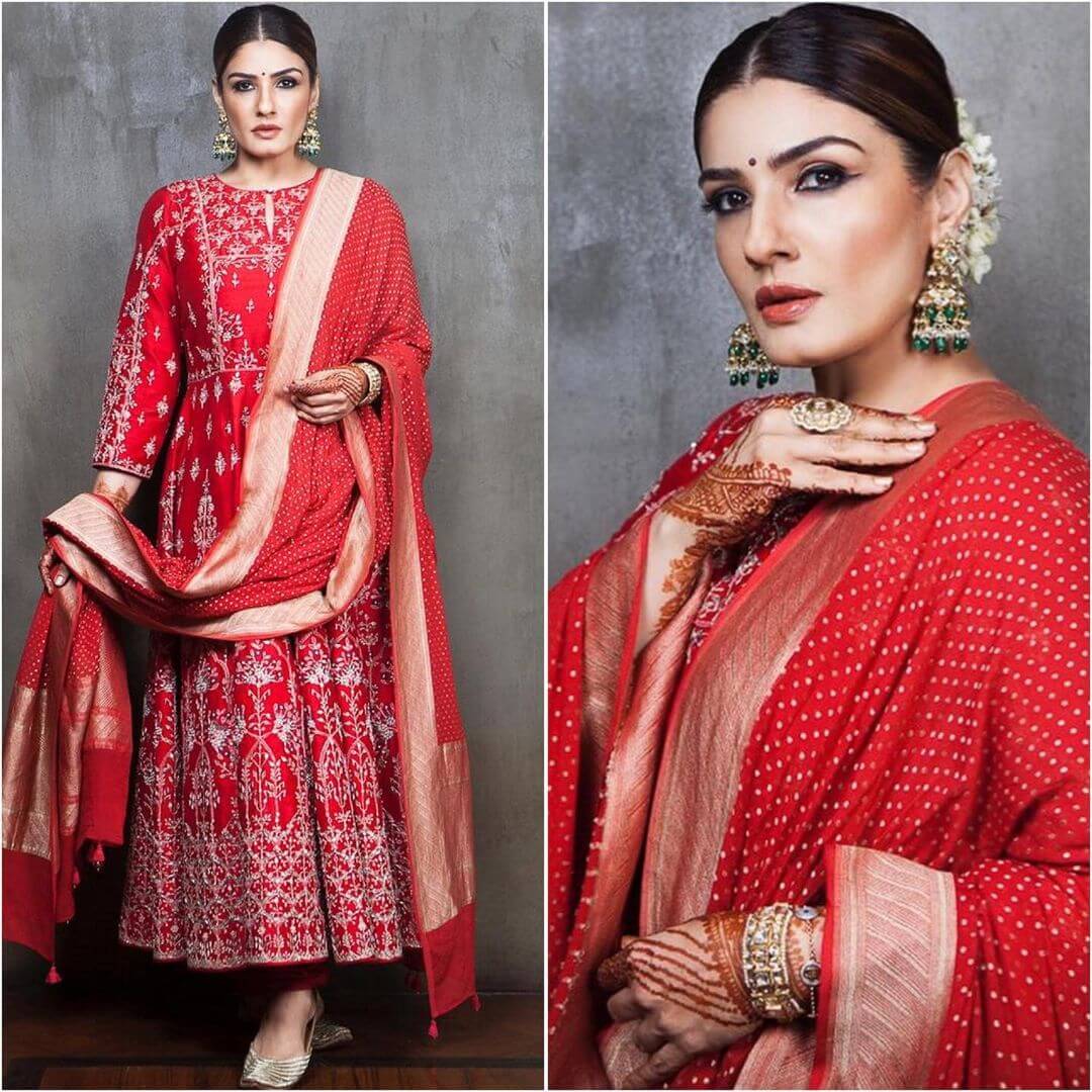 Karwa Chauth Outfits Inspired from Bollywood Celebrities Raveena Tandon's Anarkali Suit With Banarasi Dupatta