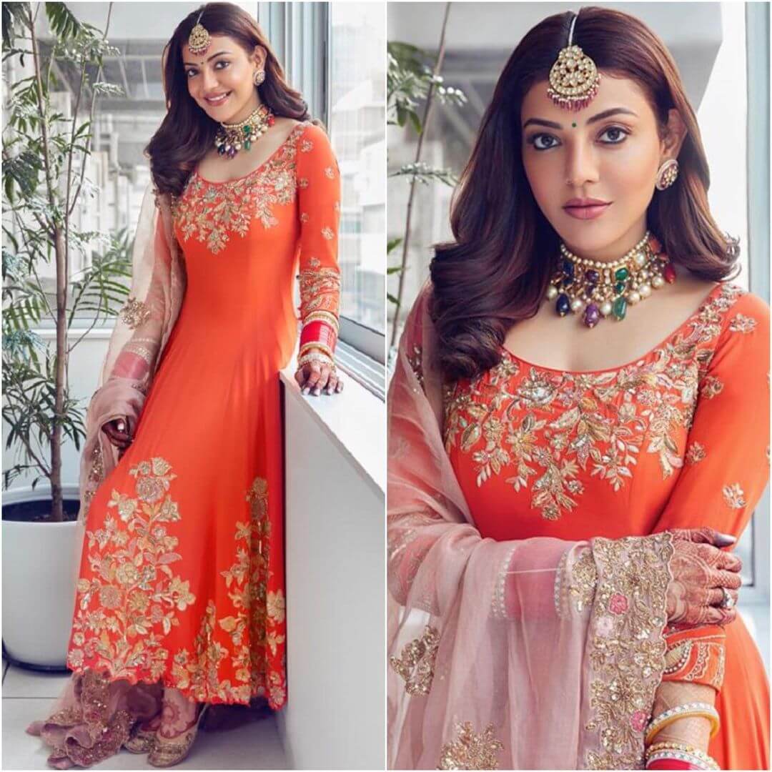 Karwa Chauth Outfits Inspired from Bollywood Celebrities Kajal Aggarwal's Embroidered Orange Anarkali Suit