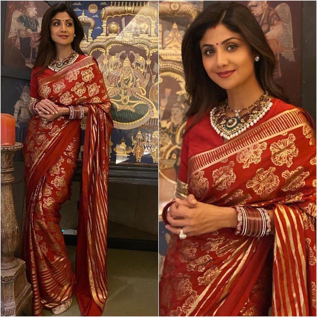 Karwa Chauth Outfits Inspired from Bollywood Celebrities Shilpa's Red Gold Floral Saree