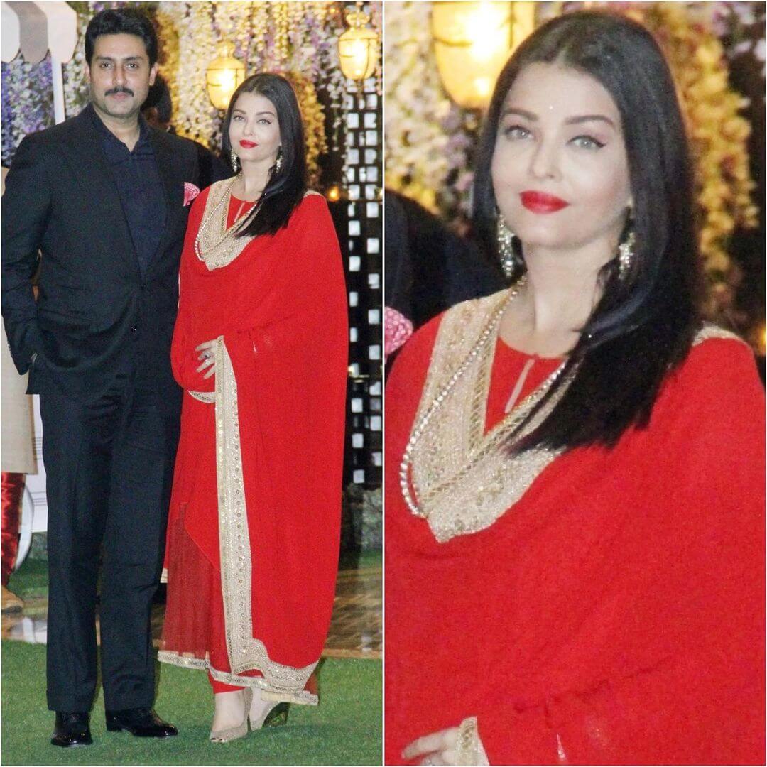 Karwa Chauth Outfits Inspired from Bollywood Celebrities Aishwarya's Red Gold Georgette Outfit