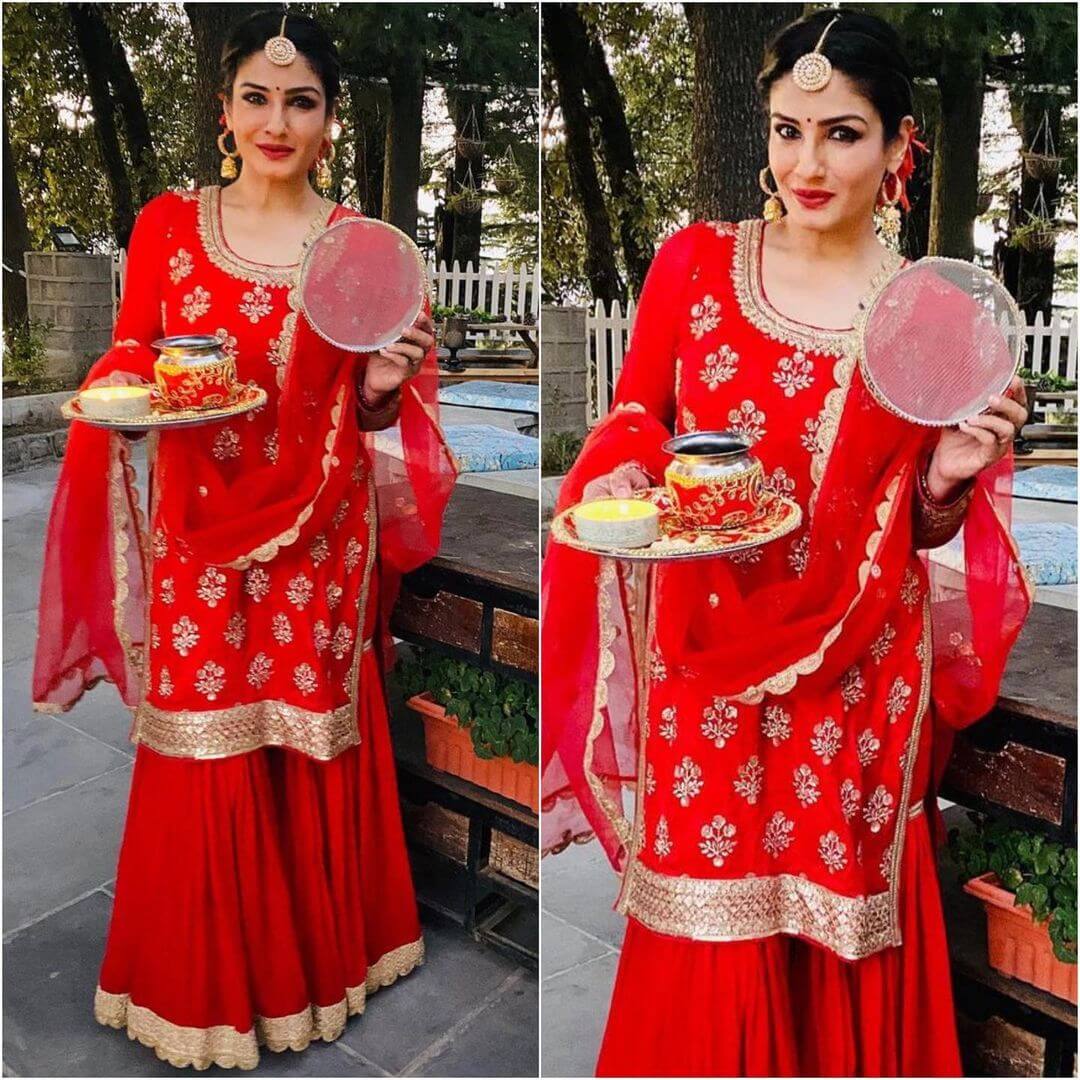 Karwa Chauth Outfits Inspired from Bollywood Celebrities Raveena Tandon's Red Sharara With Dupatta