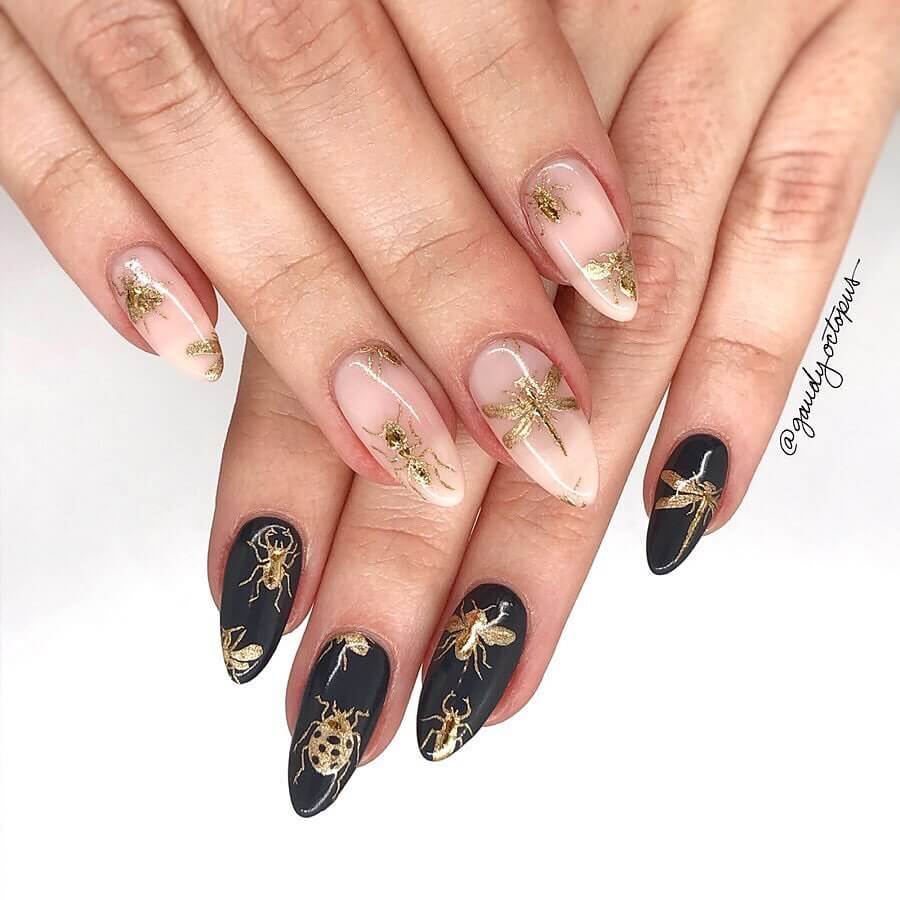 Gold Insect Nails - Nude And Black Nails