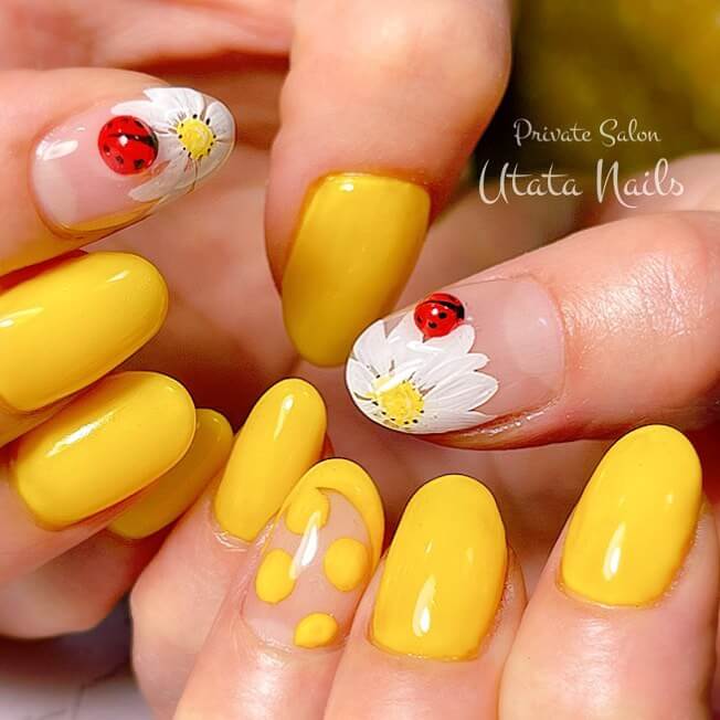Yellow Spring Nails - Ladybug Nails