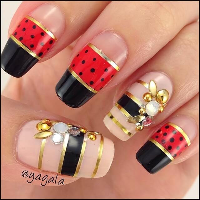 Embellished Flag Pattern Ladybug Nails