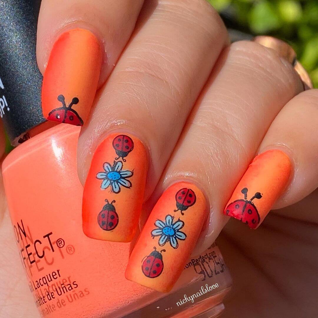 Ladybug Stamping Nail Art - Orange Nails