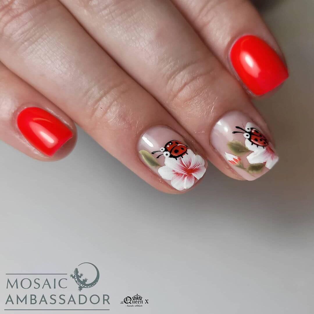Floral Ladybird - Red Nail Art