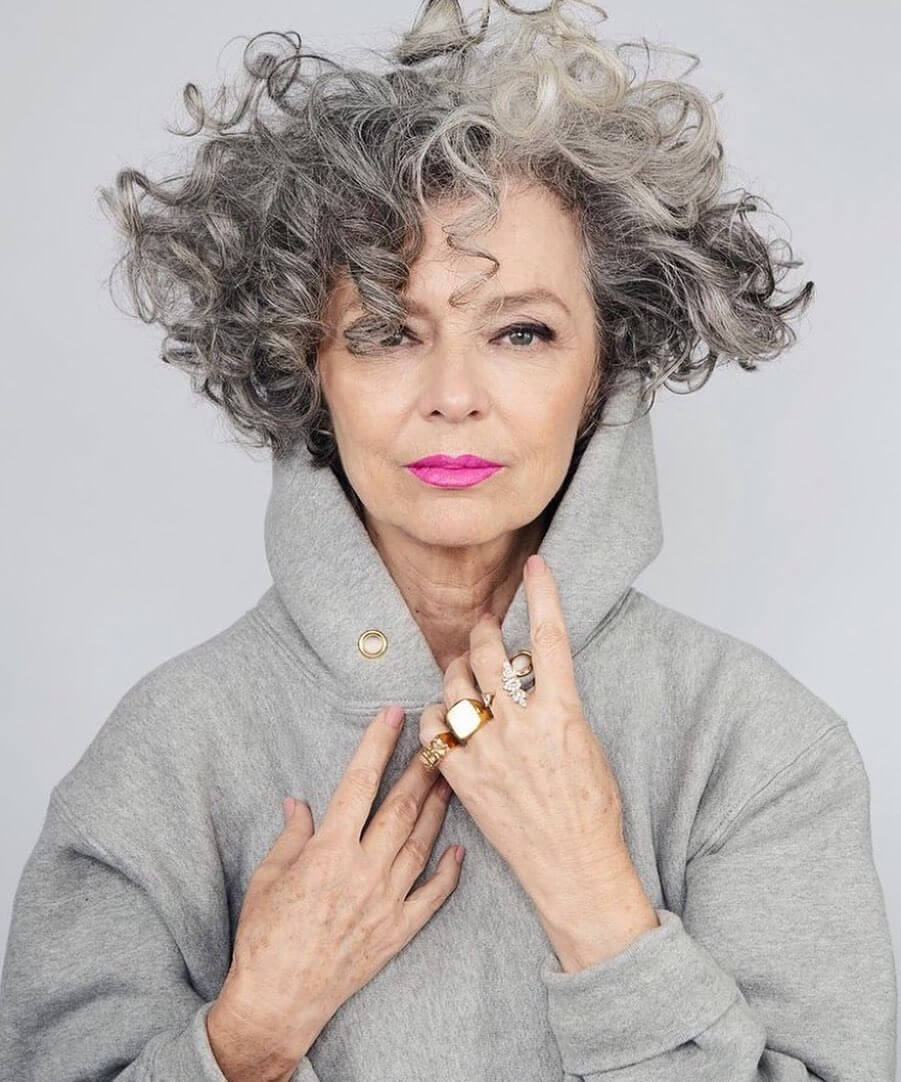 Medium haircuts for women over 50 Cool White And Grey Bouncy Curly Hairs