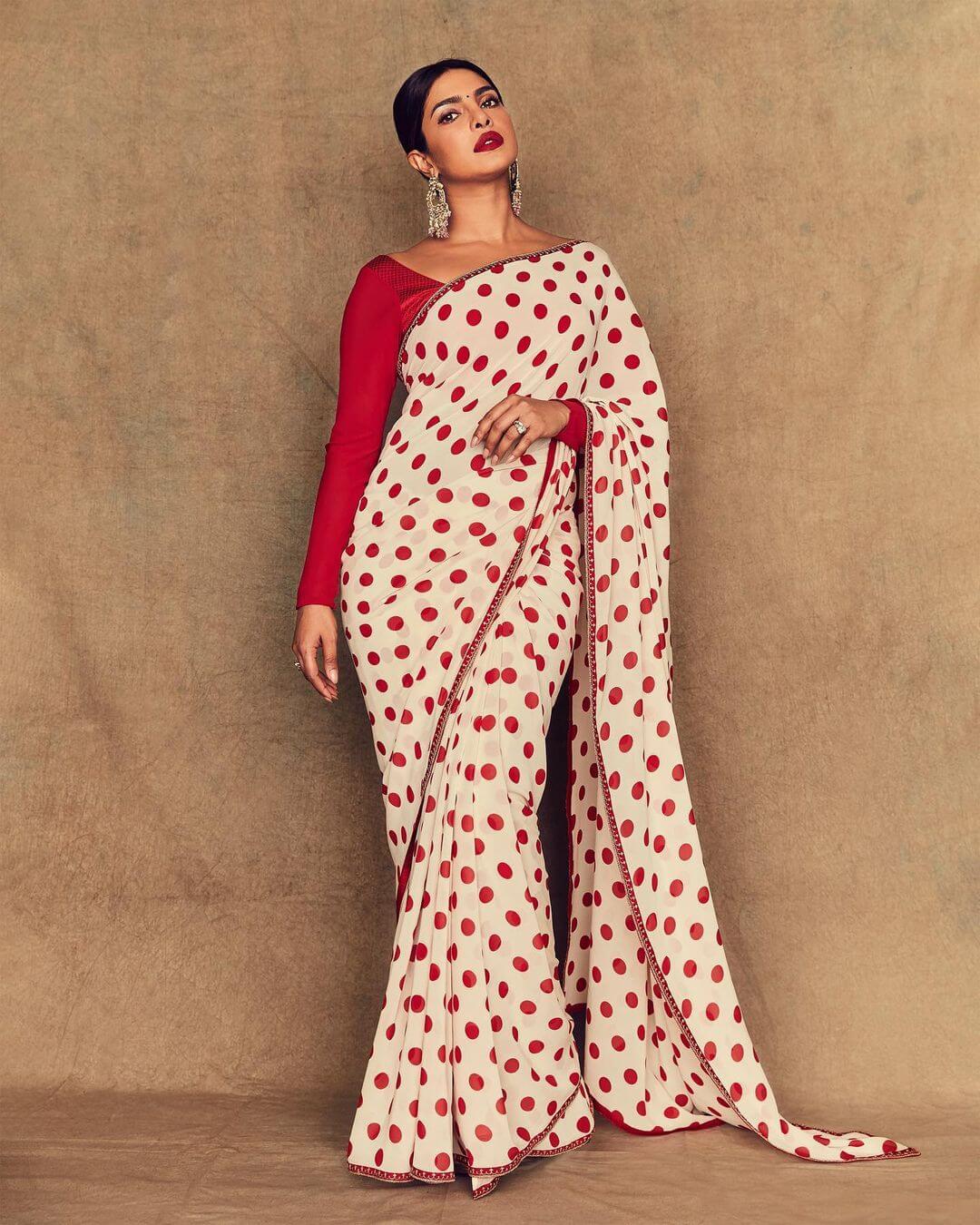 Priyanka Chopra Rocking The Red And White Polka Dots Saree
