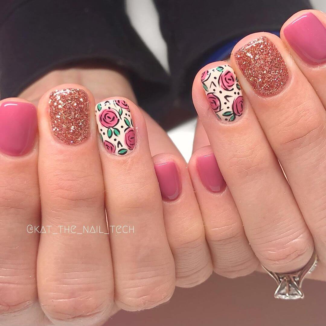 Glittered rose nail art design
