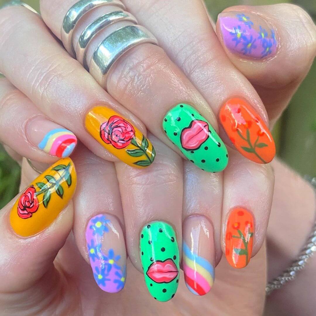 Rose Nail Art Designs Rainbow theme rose nail art design