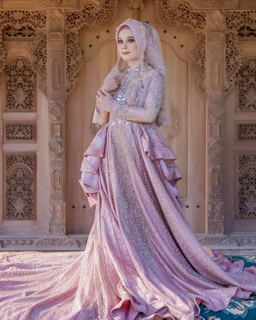 Pink Embellished Hijab - Long Wedding Dress With Ruffles