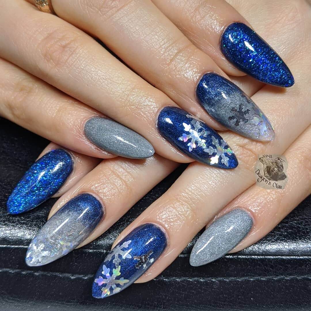 Winter Nail Art Designs Blue with gleaming grey nails